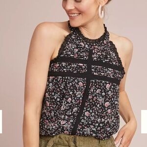 Maeve by Anthroplogie Abigail Ruffled Blouse High-Neck Sleeveless Women XS Black